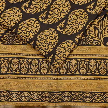 Indian Vintage Sari Black Printed Pure Silk Sarees Craft Fabric 5yd Sewing Soft Dress Designing  for Crafting Quilting Upcycle Wrap Zari