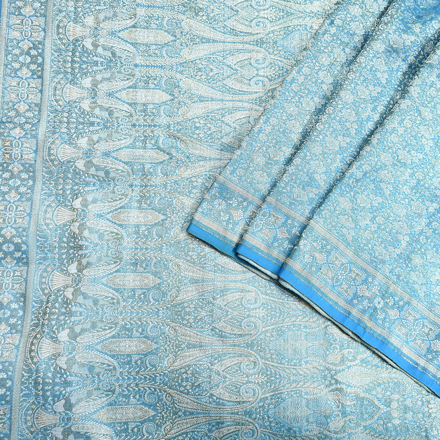 Indian Vintage Sari Blue Heavy Pure Satin Silk Woven Banarasi Tanchoi Saree 5Yd Ethnic Craft Fabric Upcycle Bridal Heavy Sarees