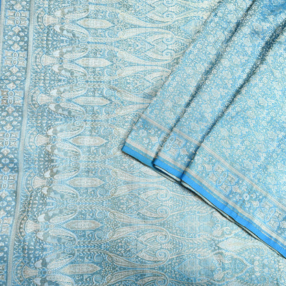 Indian Vintage Sari Blue Heavy Pure Satin Silk Woven Banarasi Tanchoi Saree 5Yd Ethnic Craft Fabric Upcycle Bridal Heavy Sarees