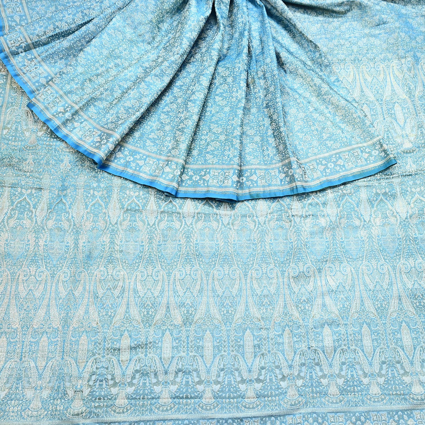 Indian Vintage Sari Blue Heavy Pure Satin Silk Woven Banarasi Tanchoi Saree 5Yd Ethnic Craft Fabric Upcycle Bridal Heavy Sarees