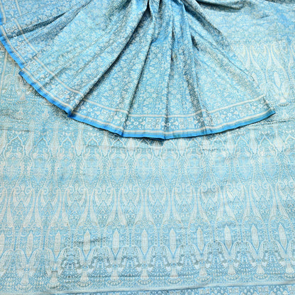 Indian Vintage Sari Blue Heavy Pure Satin Silk Woven Banarasi Tanchoi Saree 5Yd Ethnic Craft Fabric Upcycle Bridal Heavy Sarees