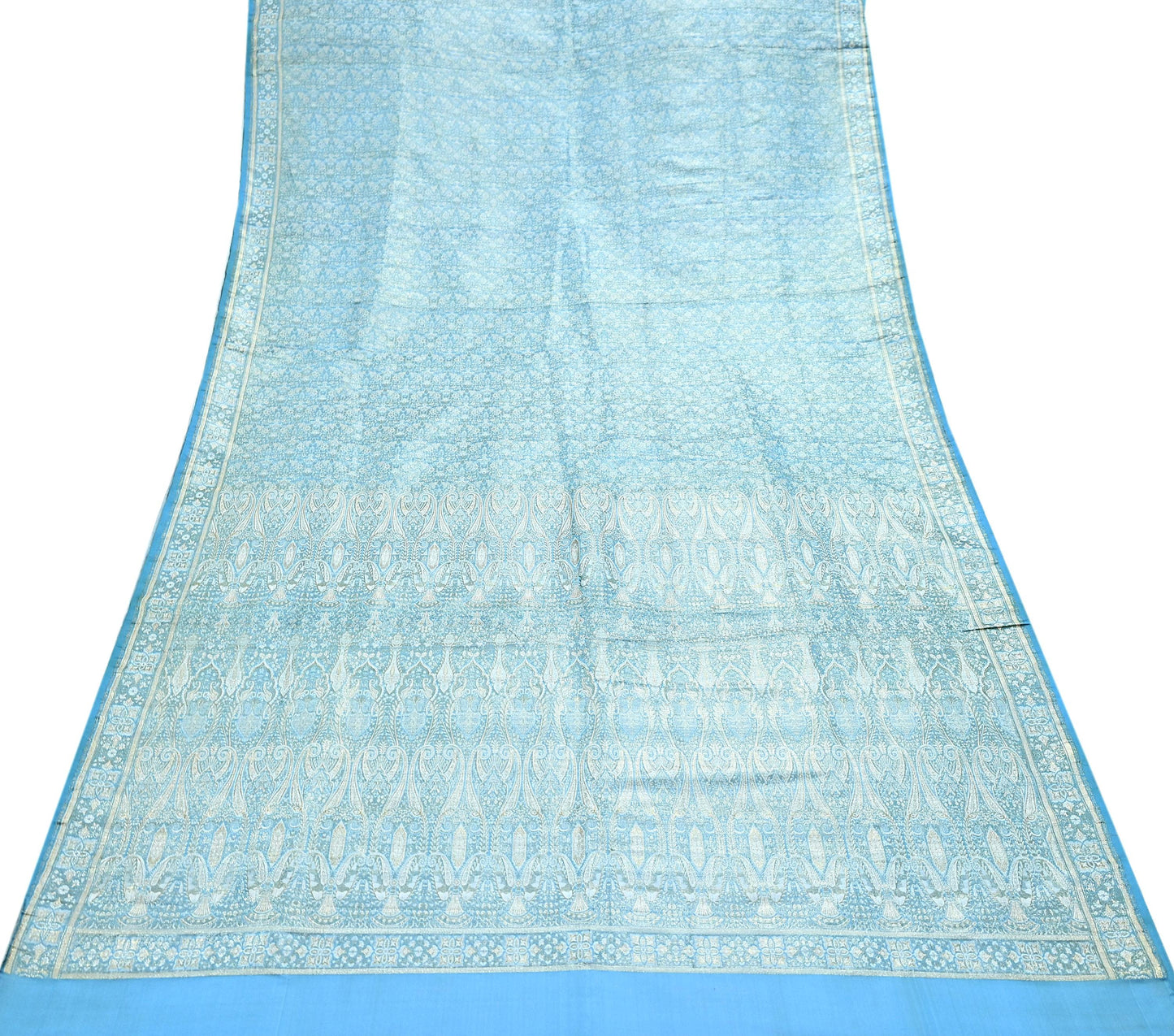 Indian Vintage Sari Blue Heavy Pure Satin Silk Woven Banarasi Tanchoi Saree 5Yd Ethnic Craft Fabric Upcycle Bridal Heavy Sarees
