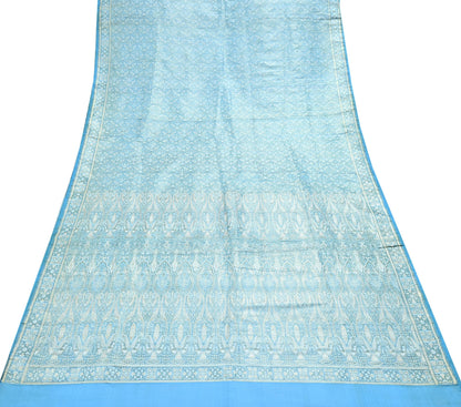 Indian Vintage Sari Blue Heavy Pure Satin Silk Woven Banarasi Tanchoi Saree 5Yd Ethnic Craft Fabric Upcycle Bridal Heavy Sarees