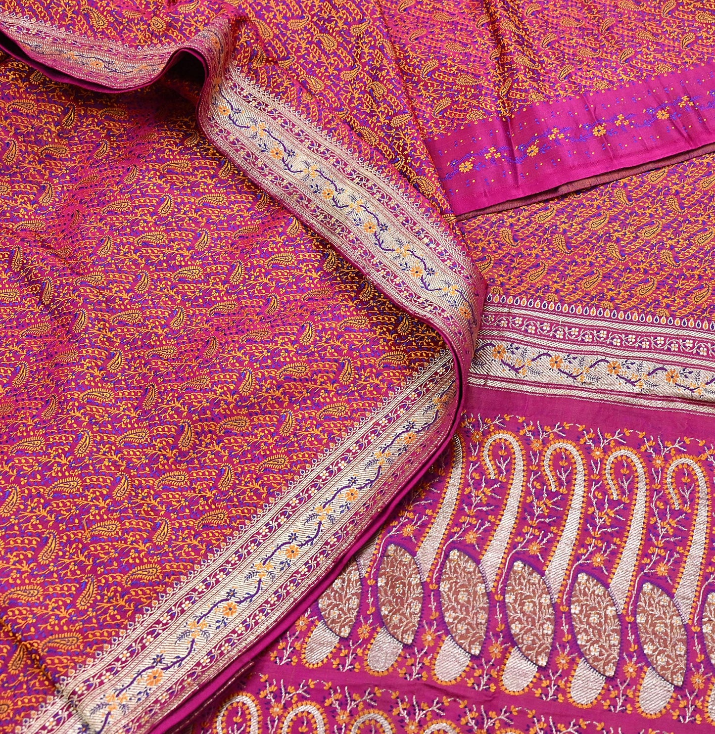 Indian Vintage Sari Pink Heavy Pure Satin Silk Woven Banarasi Tanchoi Saree 5Yd Ethnic Craft Fabric Upcycle Bridal Heavy Sarees