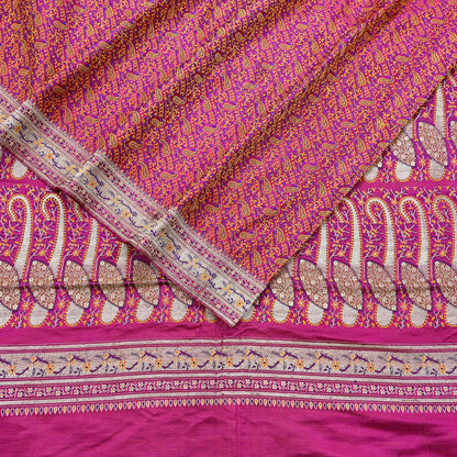 Indian Vintage Sari Pink Heavy Pure Satin Silk Woven Banarasi Tanchoi Saree 5Yd Ethnic Craft Fabric Upcycle Bridal Heavy Sarees