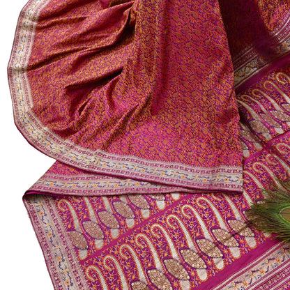 Indian Vintage Sari Pink Heavy Pure Satin Silk Woven Banarasi Tanchoi Saree 5Yd Ethnic Craft Fabric Upcycle Bridal Heavy Sarees