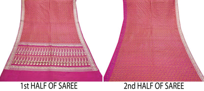 Indian Vintage Sari Pink Heavy Pure Satin Silk Woven Banarasi Tanchoi Saree 5Yd Ethnic Craft Fabric Upcycle Bridal Heavy Sarees
