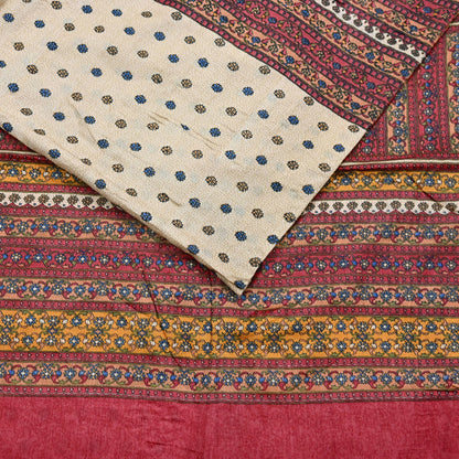 Indian Vintage Red & Beige Saree Pure Khadi Silk Handloom Printed Sari Fabric 6yd Ethnic Wear Sari Floral Designs Dress making Crafting