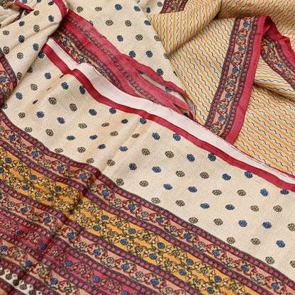 Indian Vintage Red & Beige Saree Pure Khadi Silk Handloom Printed Sari Fabric 6yd Ethnic Wear Sari Floral Designs Dress making Crafting