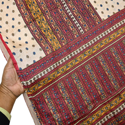 Indian Vintage Red & Beige Saree Pure Khadi Silk Handloom Printed Sari Fabric 6yd Ethnic Wear Sari Floral Designs Dress making Crafting