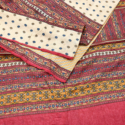Indian Vintage Red & Beige Saree Pure Khadi Silk Handloom Printed Sari Fabric 6yd Ethnic Wear Sari Floral Designs Dress making Crafting