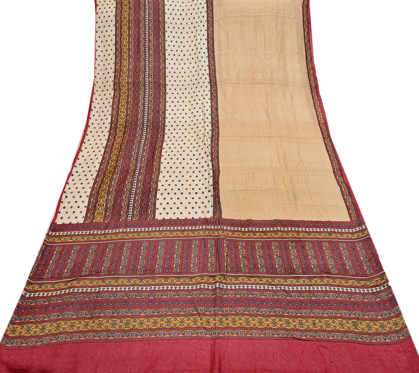 Indian Vintage Red & Beige Saree Pure Khadi Silk Handloom Printed Sari Fabric 6yd Ethnic Wear Sari Floral Designs Dress making Crafting