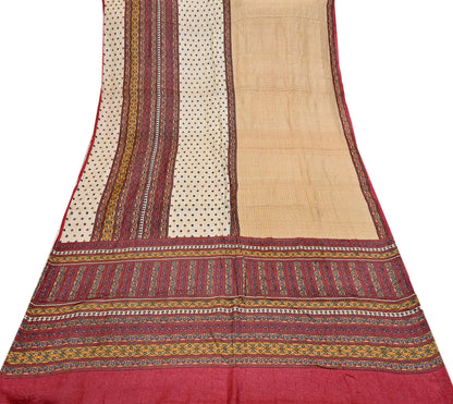 Indian Vintage Red & Beige Saree Pure Khadi Silk Handloom Printed Sari Fabric 6yd Ethnic Wear Sari Floral Designs Dress making Crafting