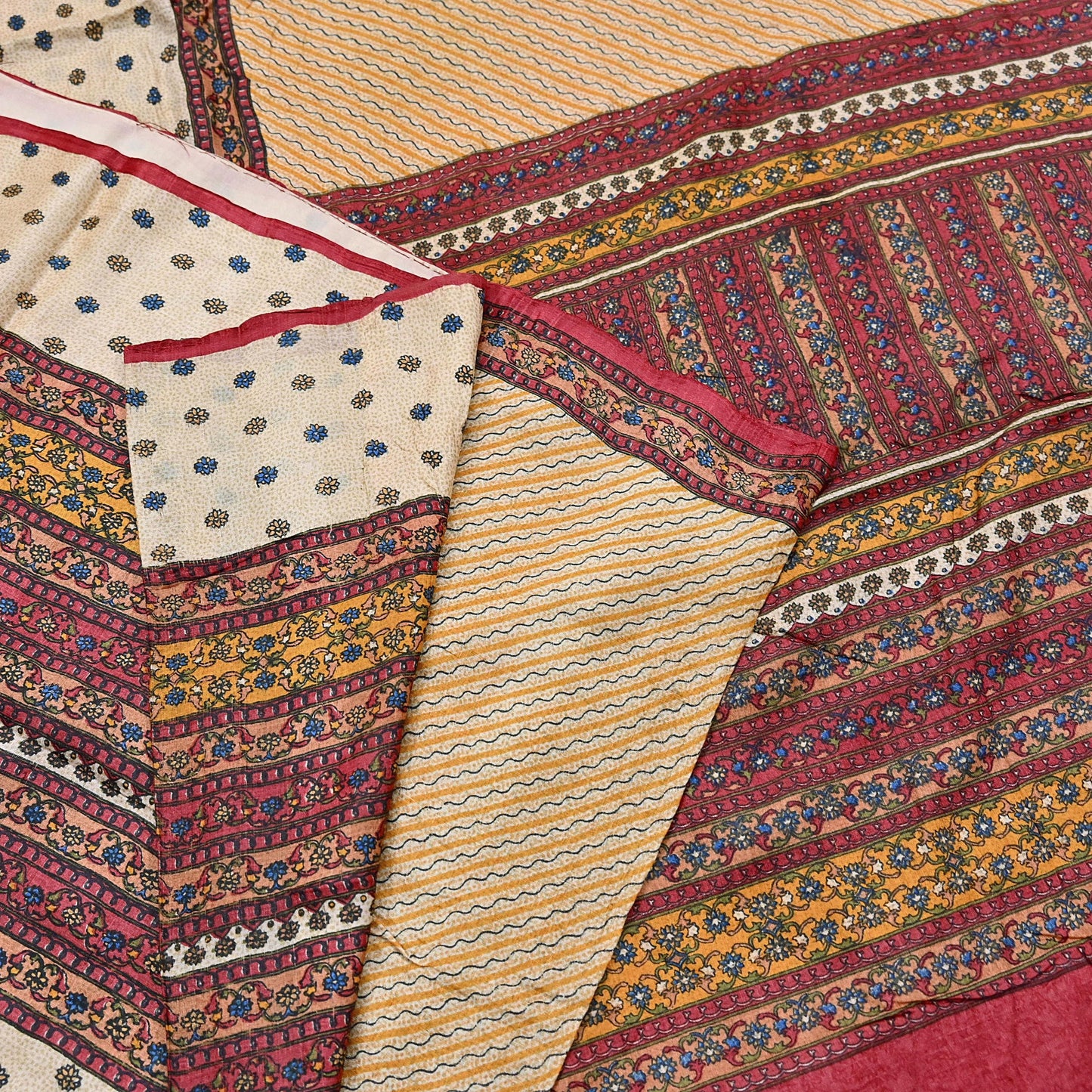 Indian Vintage Red & Beige Saree Pure Khadi Silk Handloom Printed Sari Fabric 6yd Ethnic Wear Sari Floral Designs Dress making Crafting