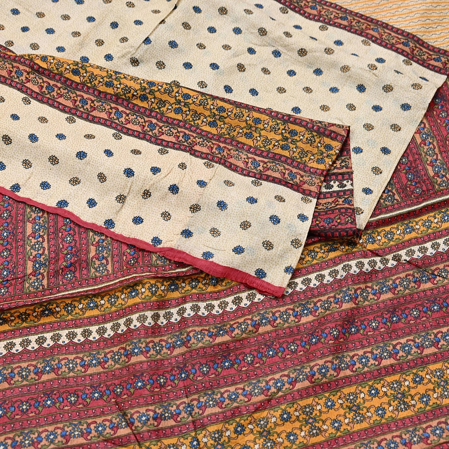 Indian Vintage Red & Beige Saree Pure Khadi Silk Handloom Printed Sari Fabric 6yd Ethnic Wear Sari Floral Designs Dress making Crafting