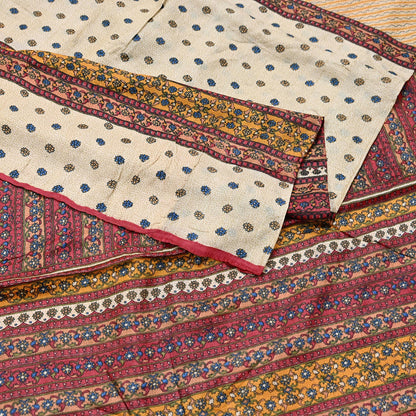 Indian Vintage Red & Beige Saree Pure Khadi Silk Handloom Printed Sari Fabric 6yd Ethnic Wear Sari Floral Designs Dress making Crafting
