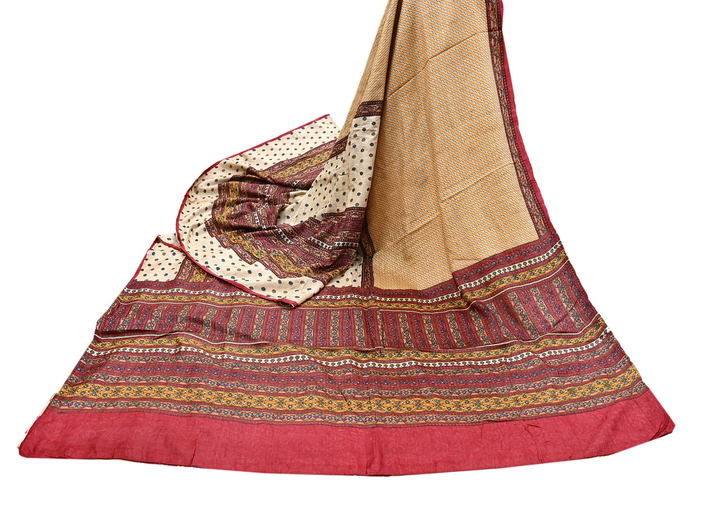 Indian Vintage Red & Beige Saree Pure Khadi Silk Handloom Printed Sari Fabric 6yd Ethnic Wear Sari Floral Designs Dress making Crafting