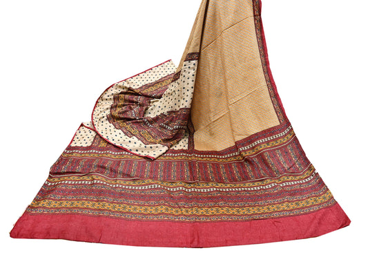 Indian Vintage Red & Beige Saree Pure Khadi Silk Handloom Printed Sari Fabric 6yd Ethnic Wear Sari Floral Designs Dress making Crafting