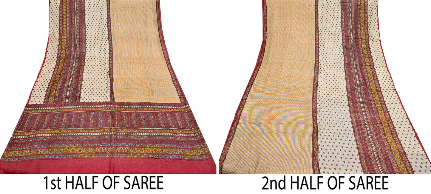 Indian Vintage Red & Beige Saree Pure Khadi Silk Handloom Printed Sari Fabric 6yd Ethnic Wear Sari Floral Designs Dress making Crafting