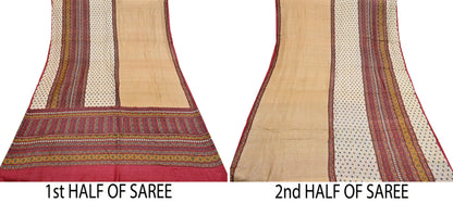 Indian Vintage Red & Beige Saree Pure Khadi Silk Handloom Printed Sari Fabric 6yd Ethnic Wear Sari Floral Designs Dress making Crafting