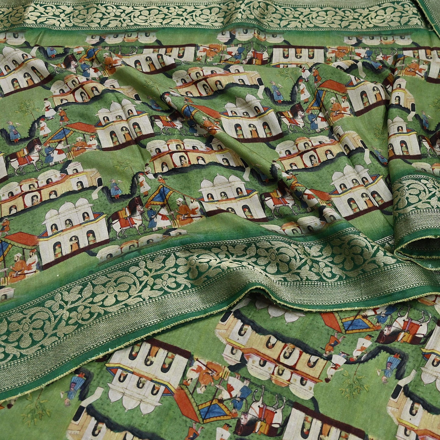 Indian Vintage Green Saree Digital Printed Sari chanderi Silk Sari Craft Fabric 6Yd Floral Soft Zari Dress making Bollywood saree Birds