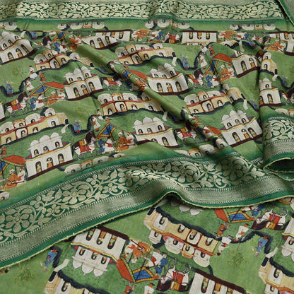 Indian Vintage Green Saree Digital Printed Sari chanderi Silk Sari Craft Fabric 6Yd Floral Soft Zari Dress making Bollywood saree Birds