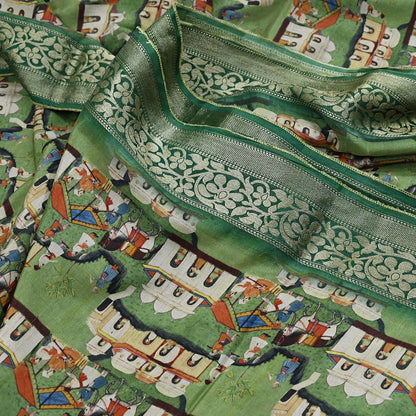 Indian Vintage Green Saree Digital Printed Sari chanderi Silk Sari Craft Fabric 6Yd Floral Soft Zari Dress making Bollywood saree Birds