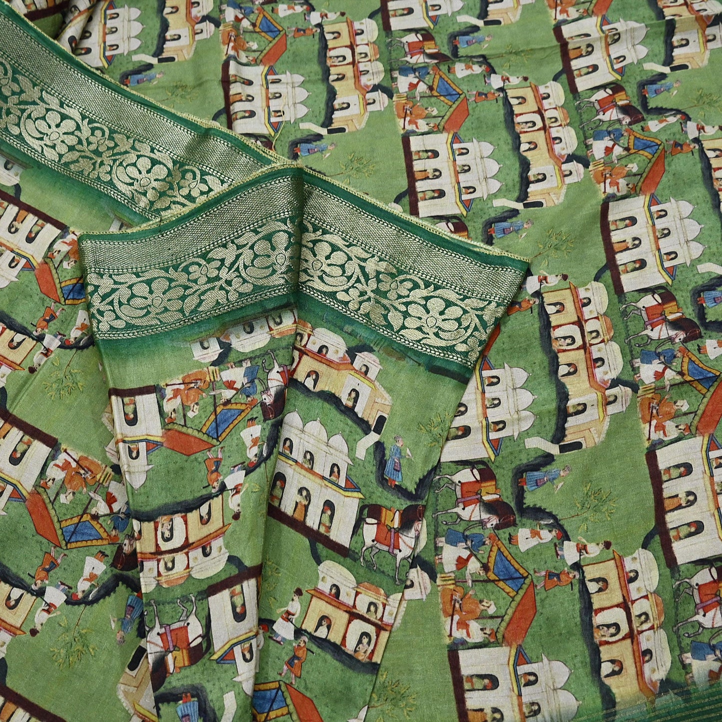 Indian Vintage Green Saree Digital Printed Sari chanderi Silk Sari Craft Fabric 6Yd Floral Soft Zari Dress making Bollywood saree Birds