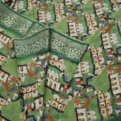 Indian Vintage Green Saree Digital Printed Sari chanderi Silk Sari Craft Fabric 6Yd Floral Soft Zari Dress making Bollywood saree Birds