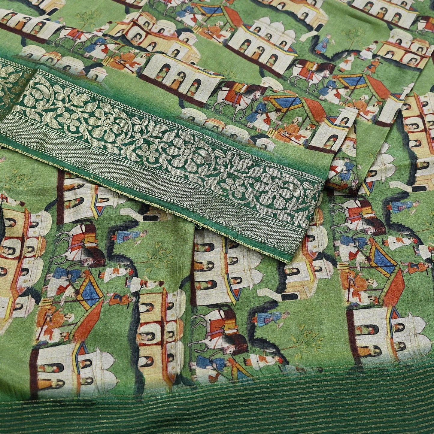 Indian Vintage Green Saree Digital Printed Sari chanderi Silk Sari Craft Fabric 6Yd Floral Soft Zari Dress making Bollywood saree Birds