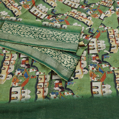 Indian Vintage Green Saree Digital Printed Sari chanderi Silk Sari Craft Fabric 6Yd Floral Soft Zari Dress making Bollywood saree Birds