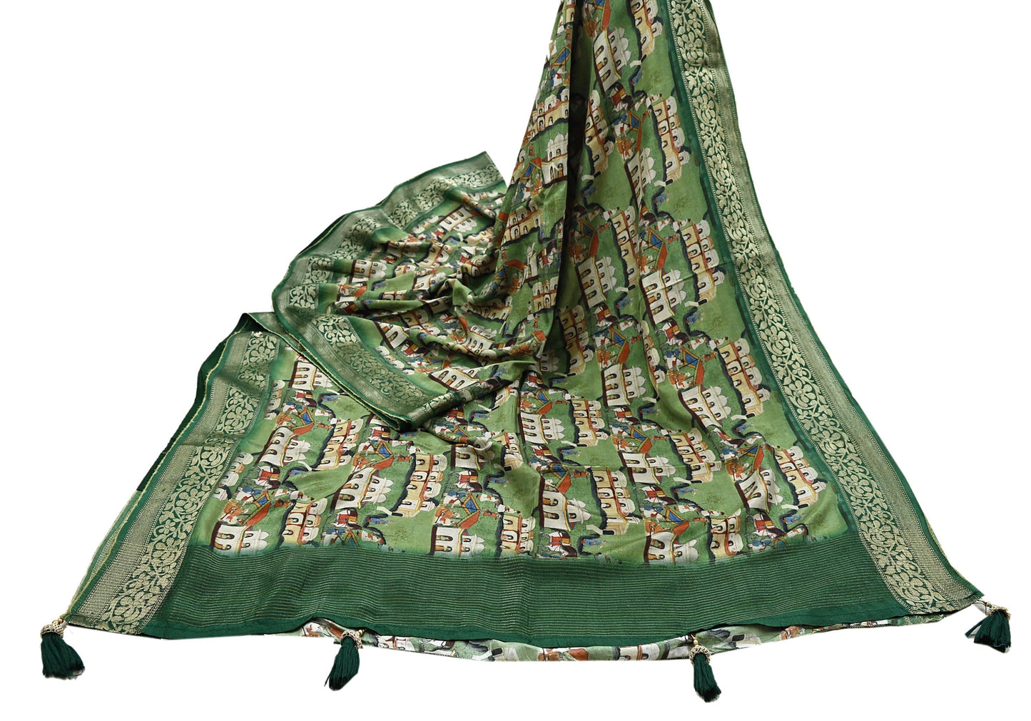 Indian Vintage Green Saree Digital Printed Sari chanderi Silk Sari Craft Fabric 6Yd Floral Soft Zari Dress making Bollywood saree Birds