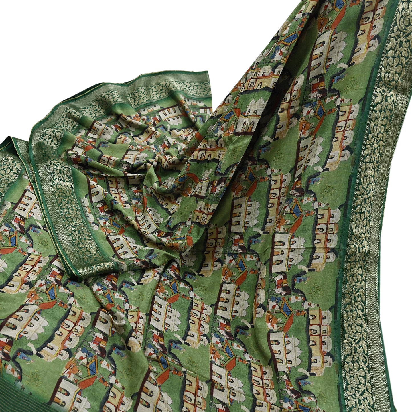 Indian Vintage Green Saree Digital Printed Sari chanderi Silk Sari Craft Fabric 6Yd Floral Soft Zari Dress making Bollywood saree Birds