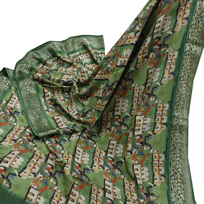 Indian Vintage Green Saree Digital Printed Sari chanderi Silk Sari Craft Fabric 6Yd Floral Soft Zari Dress making Bollywood saree Birds