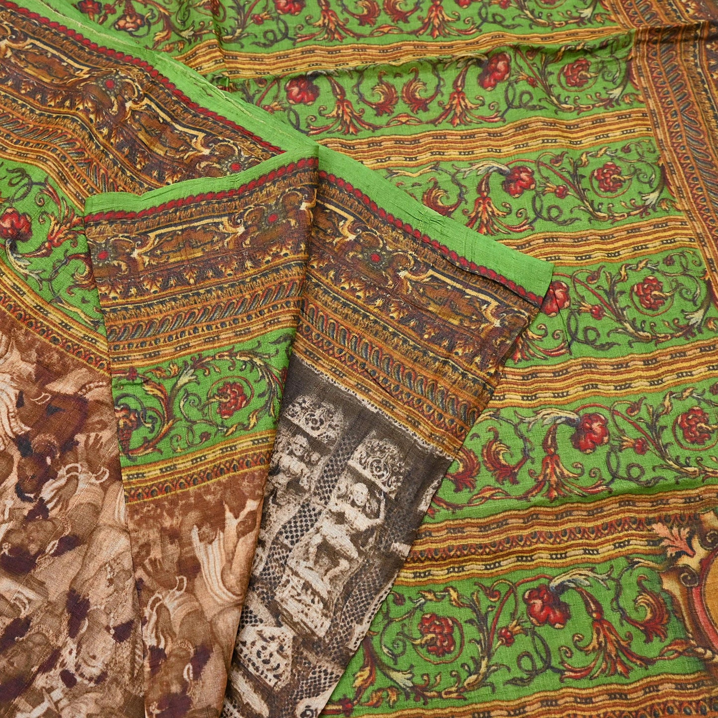 Indian Vintage Multi Saree Pure Khadi Silk Handloom Printed Sari Fabric 6yd Ethnic Wear Sari Floral Designs Dress making Crafting