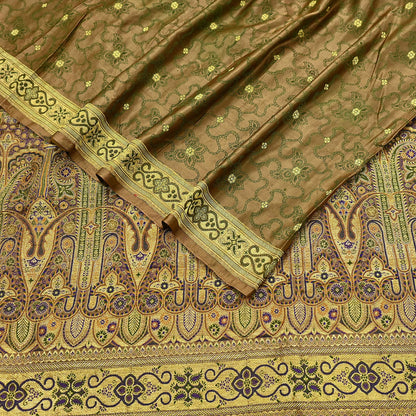 Vintage Banarasi Saree Pure Satin Silk Woven Brocade Zari Fabric green Heavy Craft Sari 5 Yards Indian Antique Textile Dress Making