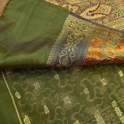 Vintage Banarasi Saree Pure Satin Silk Woven Brocade Zari Fabric green Heavy Craft Sari 5 Yards Indian Antique Textile Dress Making