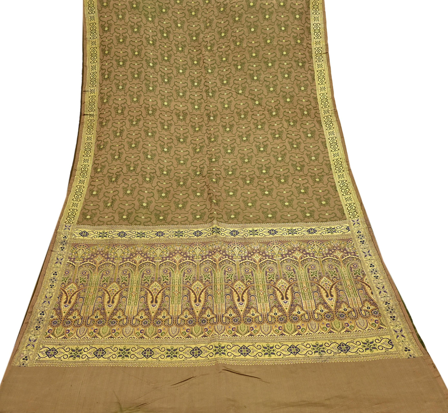 Vintage Banarasi Saree Pure Satin Silk Woven Brocade Zari Fabric green Heavy Craft Sari 5 Yards Indian Antique Textile Dress Making