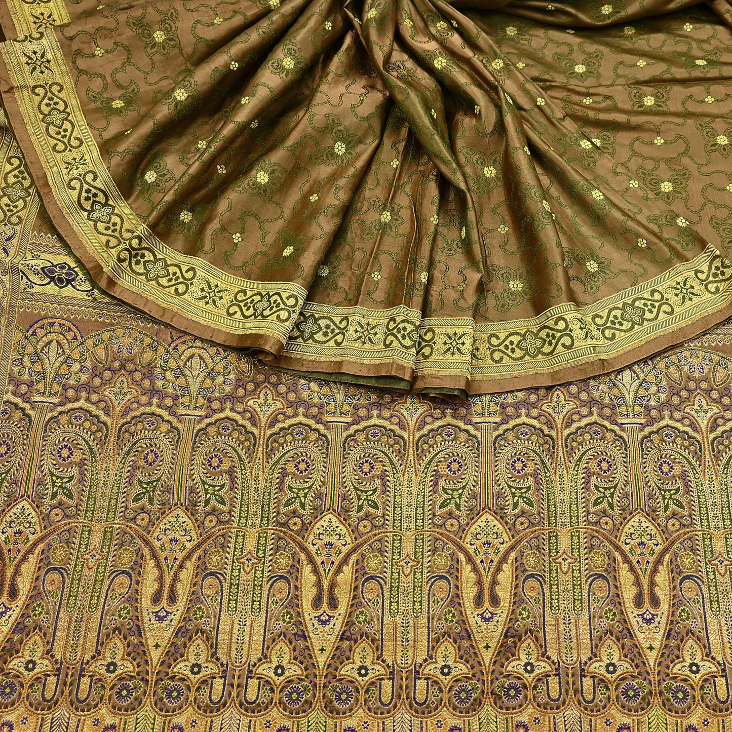 Vintage Banarasi Saree Pure Satin Silk Woven Brocade Zari Fabric green Heavy Craft Sari 5 Yards Indian Antique Textile Dress Making