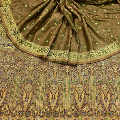 Vintage Banarasi Saree Pure Satin Silk Woven Brocade Zari Fabric green Heavy Craft Sari 5 Yards Indian Antique Textile Dress Making