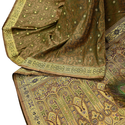 Vintage Banarasi Saree Pure Satin Silk Woven Brocade Zari Fabric green Heavy Craft Sari 5 Yards Indian Antique Textile Dress Making