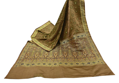 Vintage Banarasi Saree Pure Satin Silk Woven Brocade Zari Fabric green Heavy Craft Sari 5 Yards Indian Antique Textile Dress Making