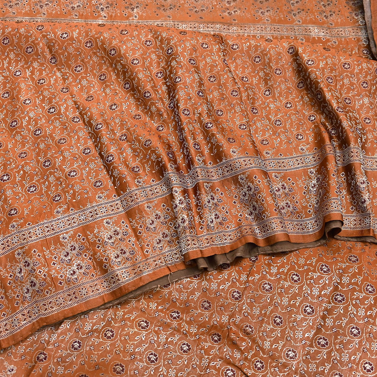Indian Vintage Sari Rusty Heavy Pure Satin Silk Woven Banarasi Tanchoi Saree 5Yd Ethnic Craft Fabric Upcycle Bridal Heavy Sarees