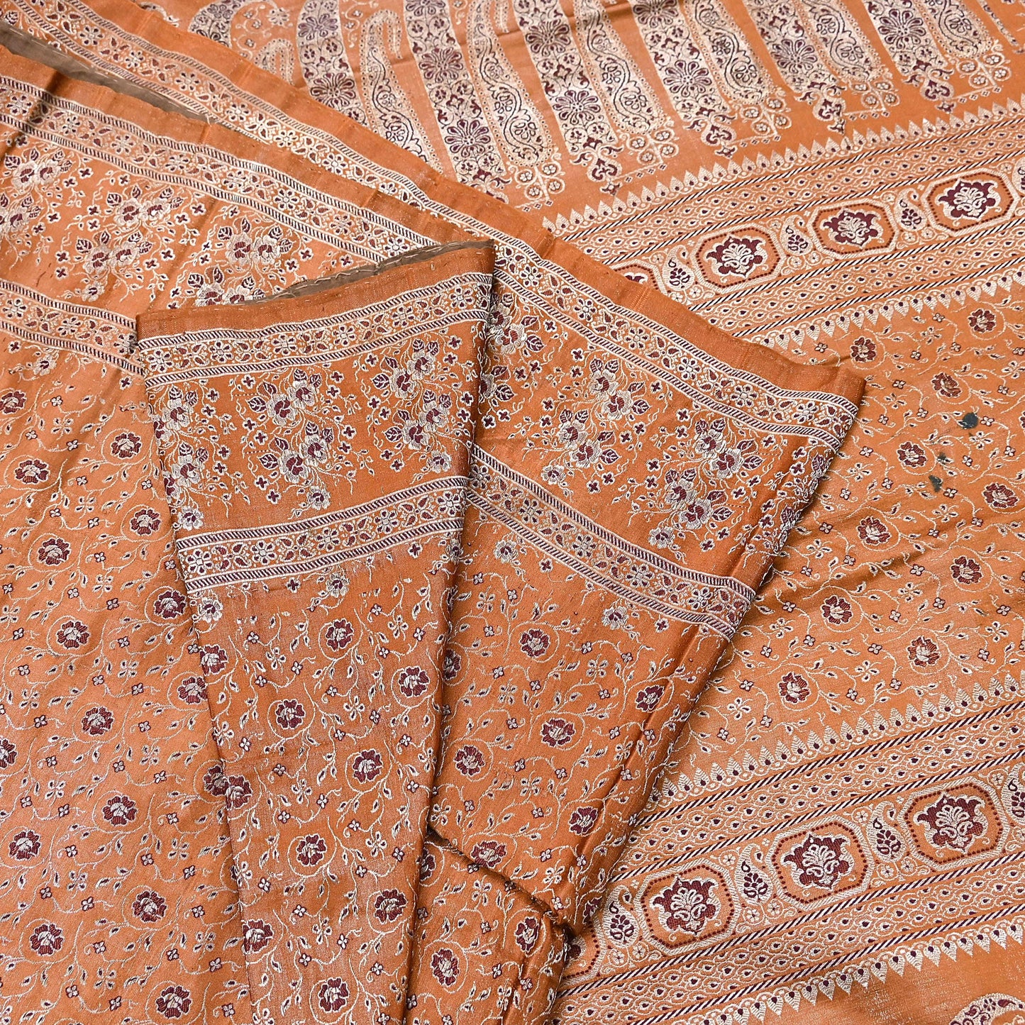 Indian Vintage Sari Rusty Heavy Pure Satin Silk Woven Banarasi Tanchoi Saree 5Yd Ethnic Craft Fabric Upcycle Bridal Heavy Sarees