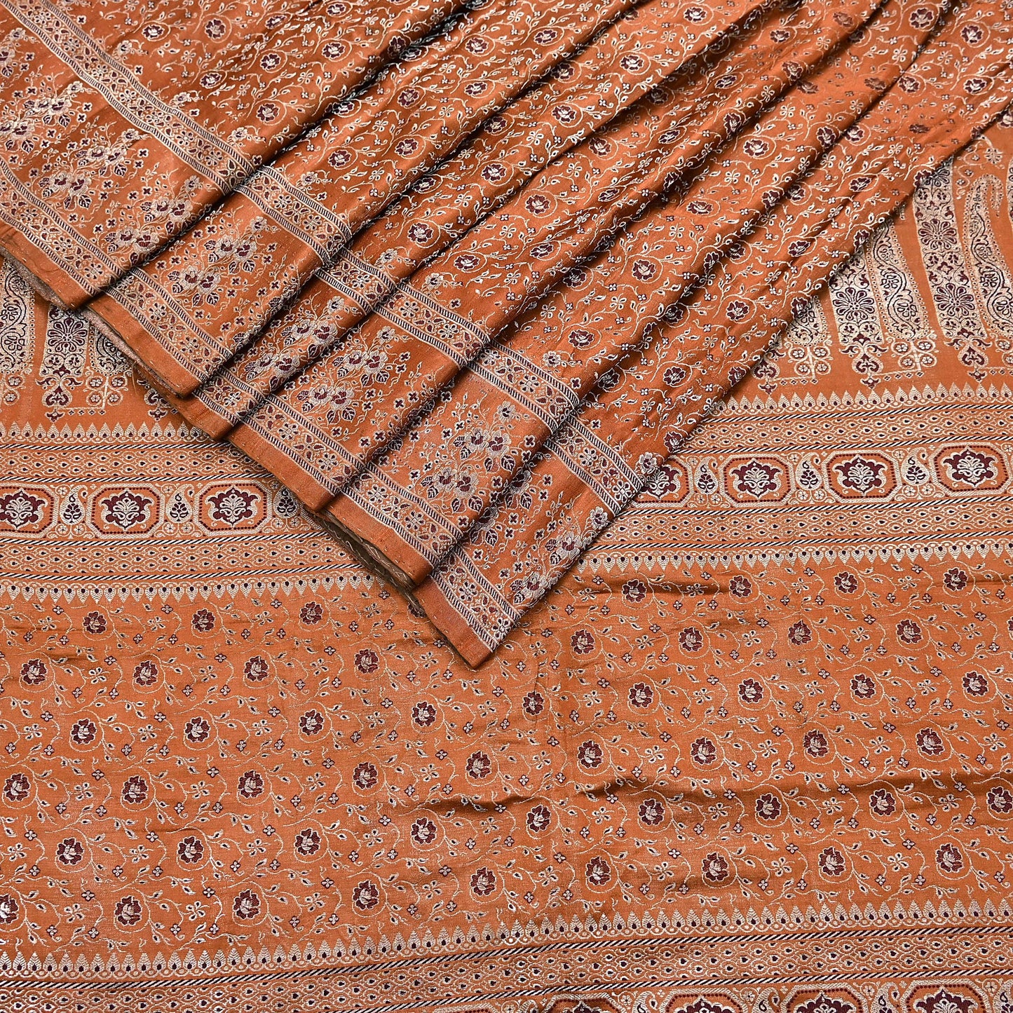 Indian Vintage Sari Rusty Heavy Pure Satin Silk Woven Banarasi Tanchoi Saree 5Yd Ethnic Craft Fabric Upcycle Bridal Heavy Sarees