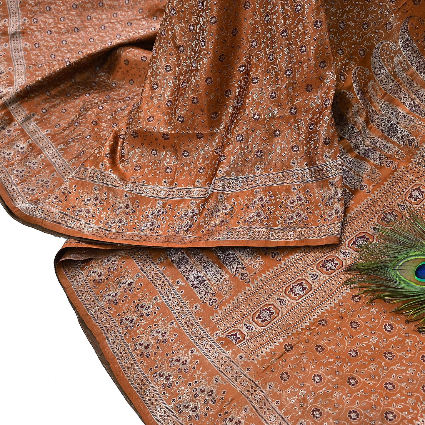 Indian Vintage Sari Rusty Heavy Pure Satin Silk Woven Banarasi Tanchoi Saree 5Yd Ethnic Craft Fabric Upcycle Bridal Heavy Sarees