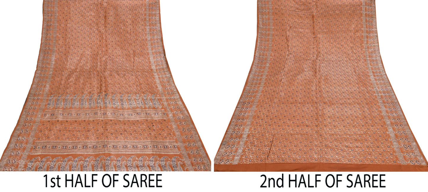Indian Vintage Sari Rusty Heavy Pure Satin Silk Woven Banarasi Tanchoi Saree 5Yd Ethnic Craft Fabric Upcycle Bridal Heavy Sarees