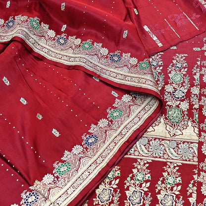 Indian Vintage Sari Red Heavy Wedding Pure Satin Silk Woven Banarasi Brocade Saree Zari 5Yd Craft Fabric Ethnic Dress making Crafting