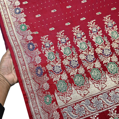 Indian Vintage Sari Red Heavy Wedding Pure Satin Silk Woven Banarasi Brocade Saree Zari 5Yd Craft Fabric Ethnic Dress making Crafting