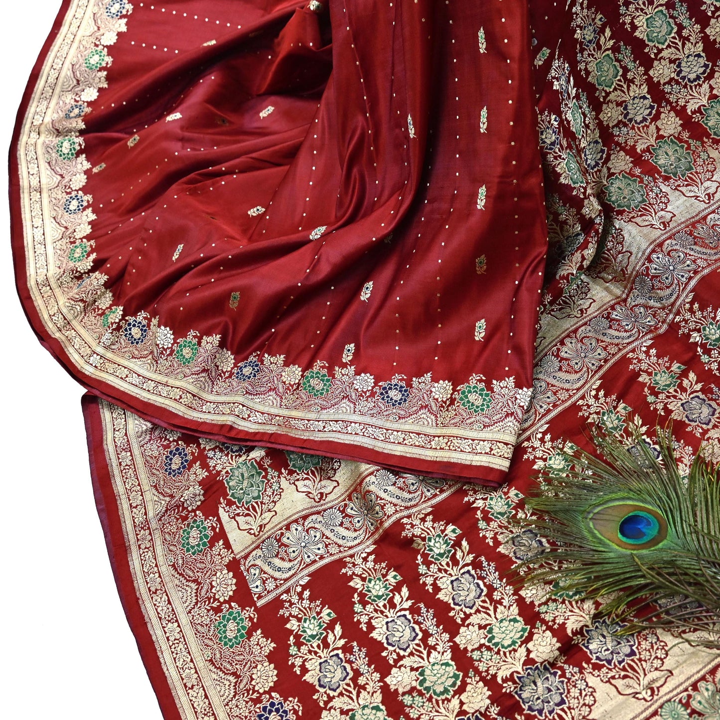 Indian Vintage Sari Red Heavy Wedding Pure Satin Silk Woven Banarasi Brocade Saree Zari 5Yd Craft Fabric Ethnic Dress making Crafting